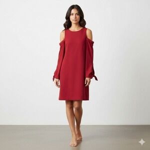 Tibi Dress Womens 2 Red Cold Shoulder Long Sleeve Shift Bow Cuff Mini Party